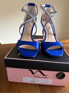 Nina Royal Blue Satin Crystal-Strap High Heels